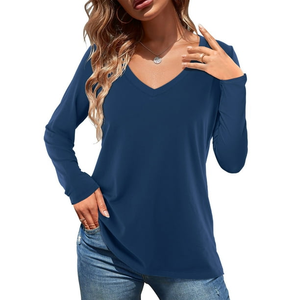 Amoretu Womens V Neck TShirts Casual Long Sleeve Cute Tops Blouses