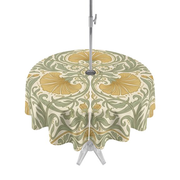 Outdoor Tablecloth with Umbrella Hole Zipper Yellow Leaves Boho Round Tablecloth 54" Waterproof Outside Table Cloth Traditional Vintage Botanical Patio Table Cover Tablecloths for Picnic Party