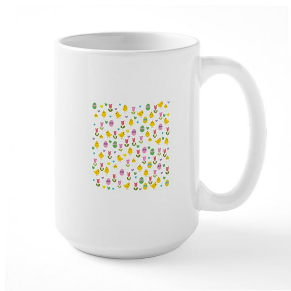 CafePress - Easter Chick And Tulips Pattern Mugs - 15 oz Ceramic Large White Novelty Mug