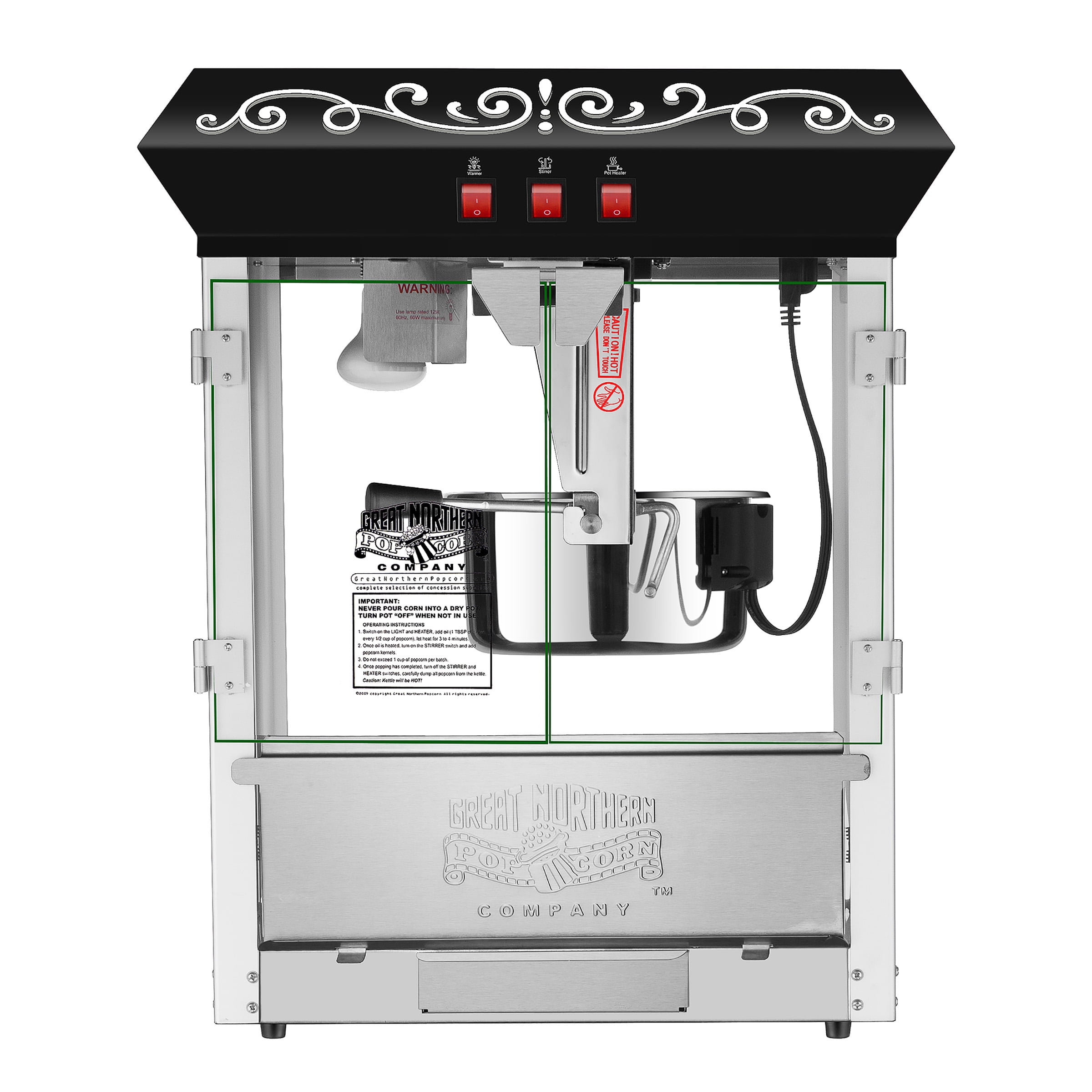 Great Northern 4 oz. Black Foundation Countertop Popcorn Machine- 1.25 gal. Popcorn Popper and 12 All-in-One Popcorn Packs