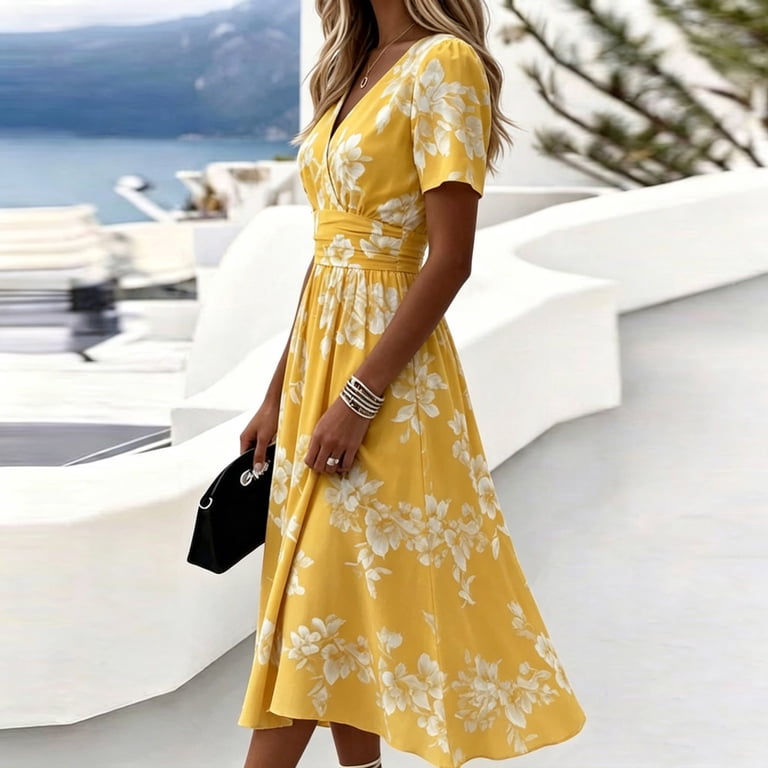 short sleeve wrap dress wedding guest Floral Wrap Midi Dress for Women - Short Sleeve Ruffle Hem High-Low -  Summer Beach Wedding Guest Outfit 2026