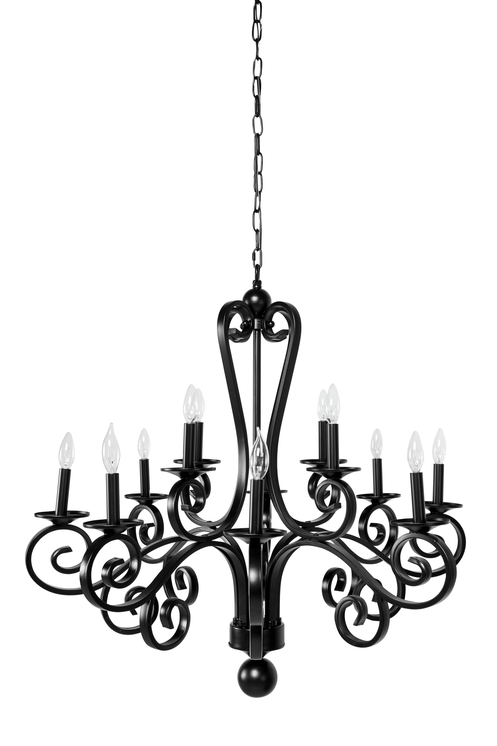 DecMode Large Modern Black Metal Chandelier Pendant Light with Scrolled Arms, 35” x 35”