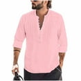 thumbnail image 2 of Yusimy Men's Cotton-Linen Blend Long Sleeve Shirt Solid Color Half-Button Stand-Up Collar Pleated Loose Summer Casual Top, 2 of 8