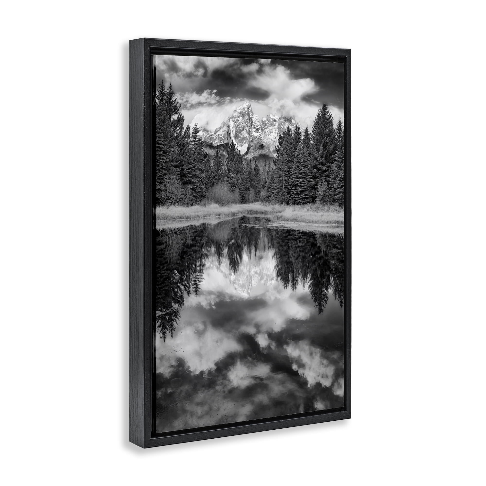 Stupell Industries Black & White Forest Reflection Landscape & Nature Photography Black Floater Framed Canvas Art Print Wall Art, 17 x 25