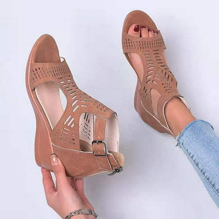 

Summer Fish Mouth Open Toe Slip-on Sandals Womens Platform Wedge Slides Slip on Hollow Sandals Roman Leather Slippers with Arch Support Casual Comfy Walking Shoes