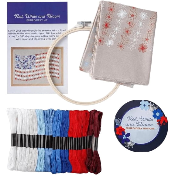 Red White & Bloom Embroidery Kit for US 250th Anniversary, 21x29 in Floral American Flag Cross Stitch Set with Bamboo Hoop for Adult Beginners (K)