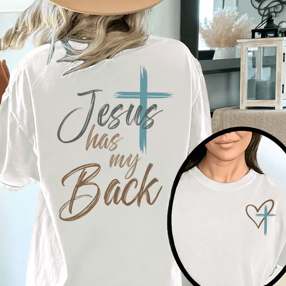 Women's White Print Tshirt Graphic Tees Jesus Has My Back Inspirational S-5XL Shirts Tops