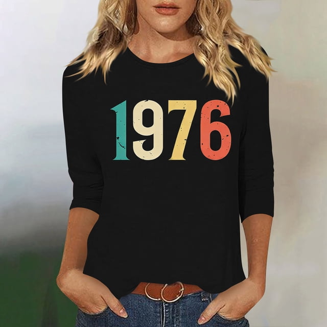Uootdi Hauts pour Femmes Manches 3/4 Col Rond Imprimé Arc-en-Ciel Rétro 1976 Coupe Décontractée T-Shirts Nostalgiques d'Été Cadeau
