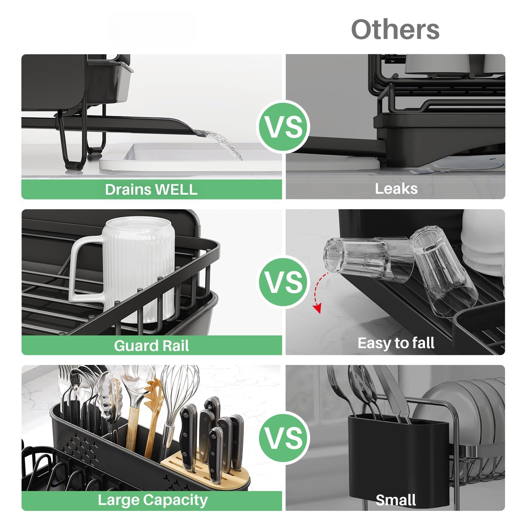 Dish Drying Rack Black Stainless Steel Expandable for Kitchen Counter