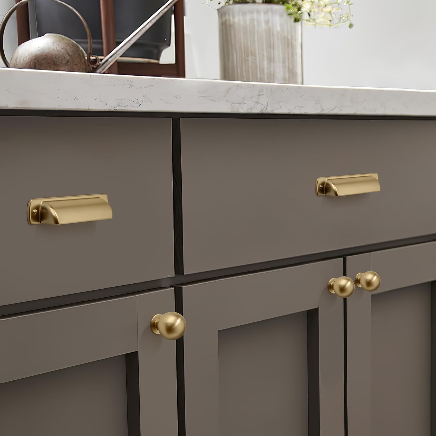10 Pack 1 Inch Vintage Ball Brushed Brass Cabinet Knobs Kitchen Cabinet Hardware Brushed Gold Drawer Knobs Pulls for Drawers.