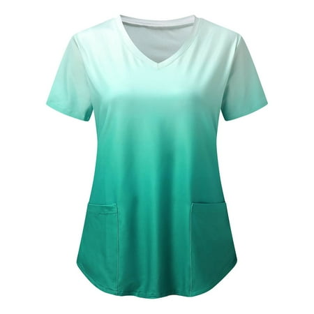 

Lolmot Scrub Tops Women Short Sleeve Ombre Print Nurse Working Uniform Casual V-Neck Tshirt Tunic Blouse with Pockets on Clearance