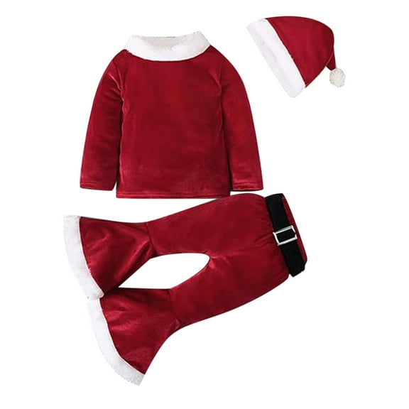 BULLPIANO 3Pcs Toddler Girls Christmas Clothes Set, Kids Velvet Pullover Top Long Pant Hat, Toddler Santa Claus Costume Holiday Outfits, 2-8T