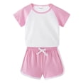 thumbnail image 1 of LNMQLPDBS Gender Neutral Baby Clothes Short Sets for Girls Color Block Crewneck Short Sleeve + Solid Shorts 2pcs Outfits Cute Sweatshirt Pullover Shirt Suit Casual Baby Boys' Clothing Sets, 1 of 9