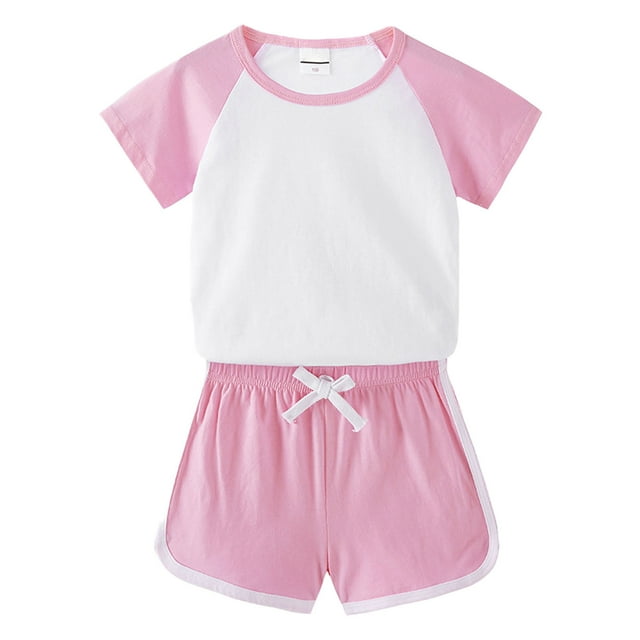 LNMQLPDBS Gender Neutral Baby Clothes Short Sets for Girls Color Block Crewneck Short Sleeve + Solid Shorts 2pcs Outfits Cute Sweatshirt Pullover Shirt Suit Casual Baby Boys' Clothing Sets