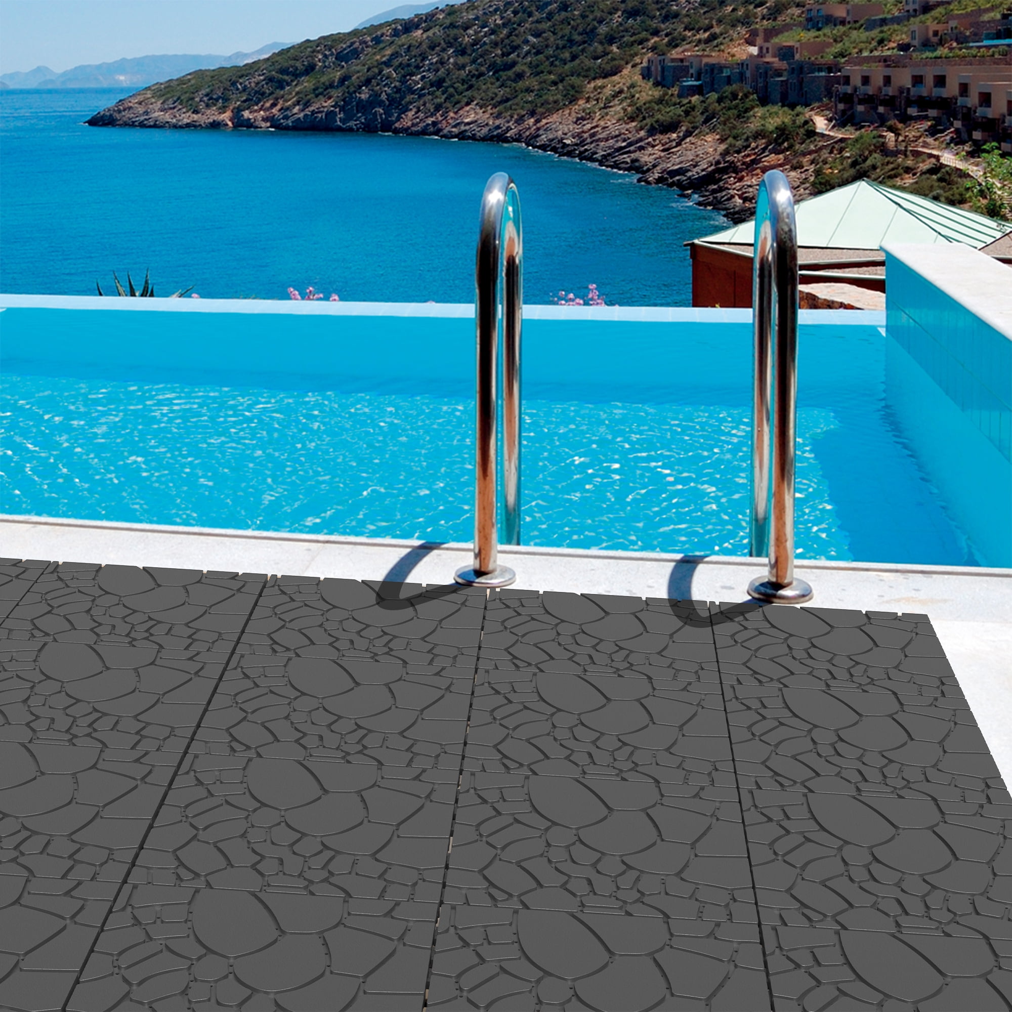 44 Pack Plastic Interlocking Deck Tiles,12" Waterproof Outdoor Flooring,All Weather Use, Patio Floor Decking Tiles for Porch Poolside Balcony Backyard,Stone Texture,Grey