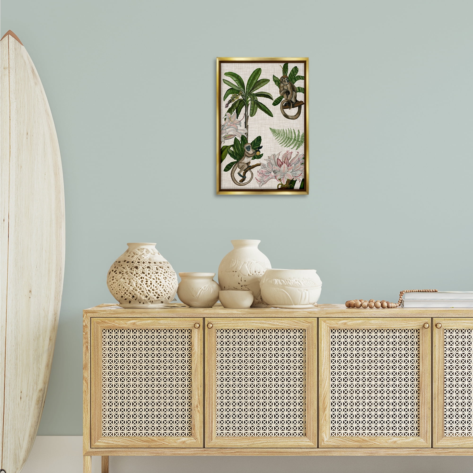 Stupell Industries Tropical Monkey Studies Plants & Flowers Painting Gold Floater Framed Canvas Art Print Wall Art, 17 x 25