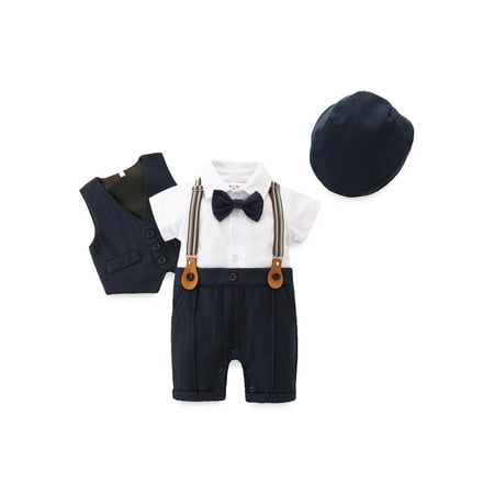 

AmShibel Gentleman Baby Boys Formal Clothes Set Short Sleeve Romper + Gilet + Hat Summer Outfit
