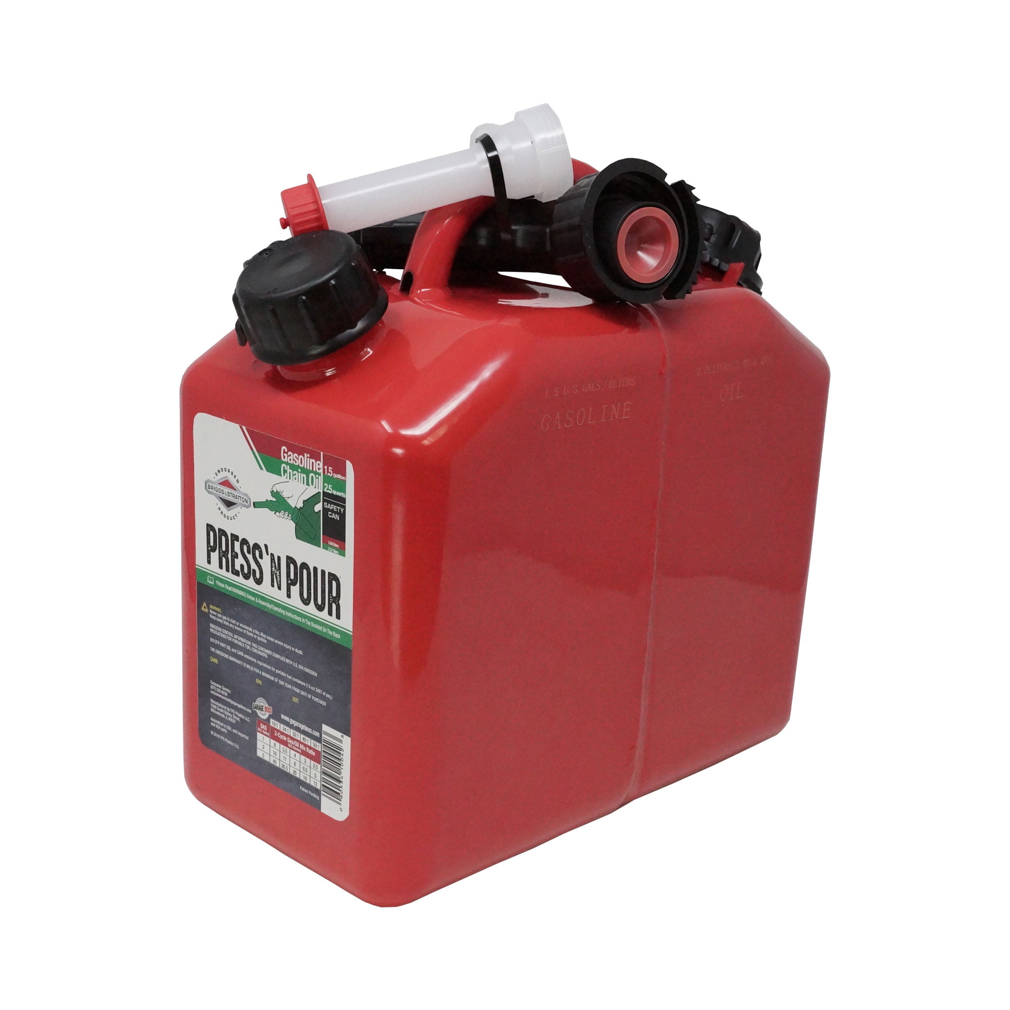 Garage Boss 2 Cans In 1 Press N Pour Metal Gas and Oil Portable Fuel Container