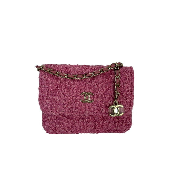 Pre-Owned Chanel Tweed Quilted Mini Flap Pink Chain Waist Shoulder Bag