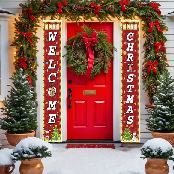 Herunwer Christmas Decorations Outdoor Merry Christmas Banner with String Lights Xmas Porch Door Welcome Sign Hanging Christmas Decor for Home Holiday Outdoor