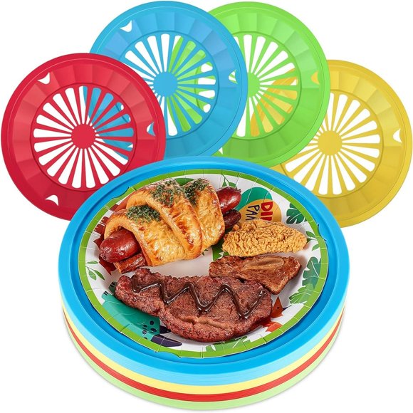 JUNWELL 12 Pcs Plastic Paper Plate Holders 10 Inch Reusable Paper Plate Holders Round Plate Holder Bright Colors Paper Plate Dispenser with Snap in Grooves for 9 Inch Paper Plates Party(M