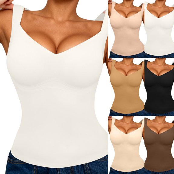 KHONTS Women's Shapewear Tops Bulit in Bra Shapewear Tank V-Neck Compression Tank Tops for Tummy Control Shapewear Camisole White XL