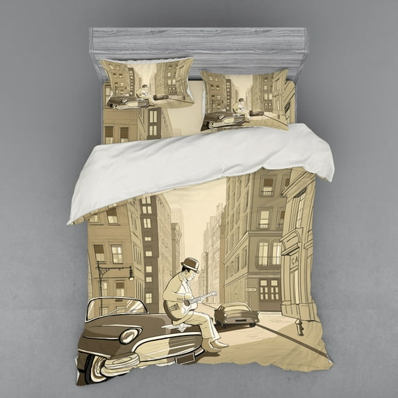 Ambesonne Music Bedding Set 4 Pcs, Old Street of New York, Queen, Beige