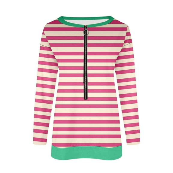 Htigea Half Zipper Sweatshirts for Women Preppy Striped Long Sleeve Pullovers Casual Loose Fit School Girl Sweatshirt Tops Pink 2XL