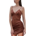 thumbnail image 2 of Seyurigaoka Women Summer Spaghetti Strap Mini Bodycon Dress Solid Color V-neck Backless Drawstring Ruched Sleeveless Wrap Hip Dress for Party, 2 of 7