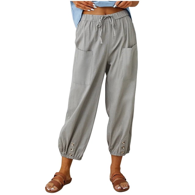 Women‘s Cotton Linen Pants Drawstring Elastic Waist Capri Pants Lounge Pants with Pockets