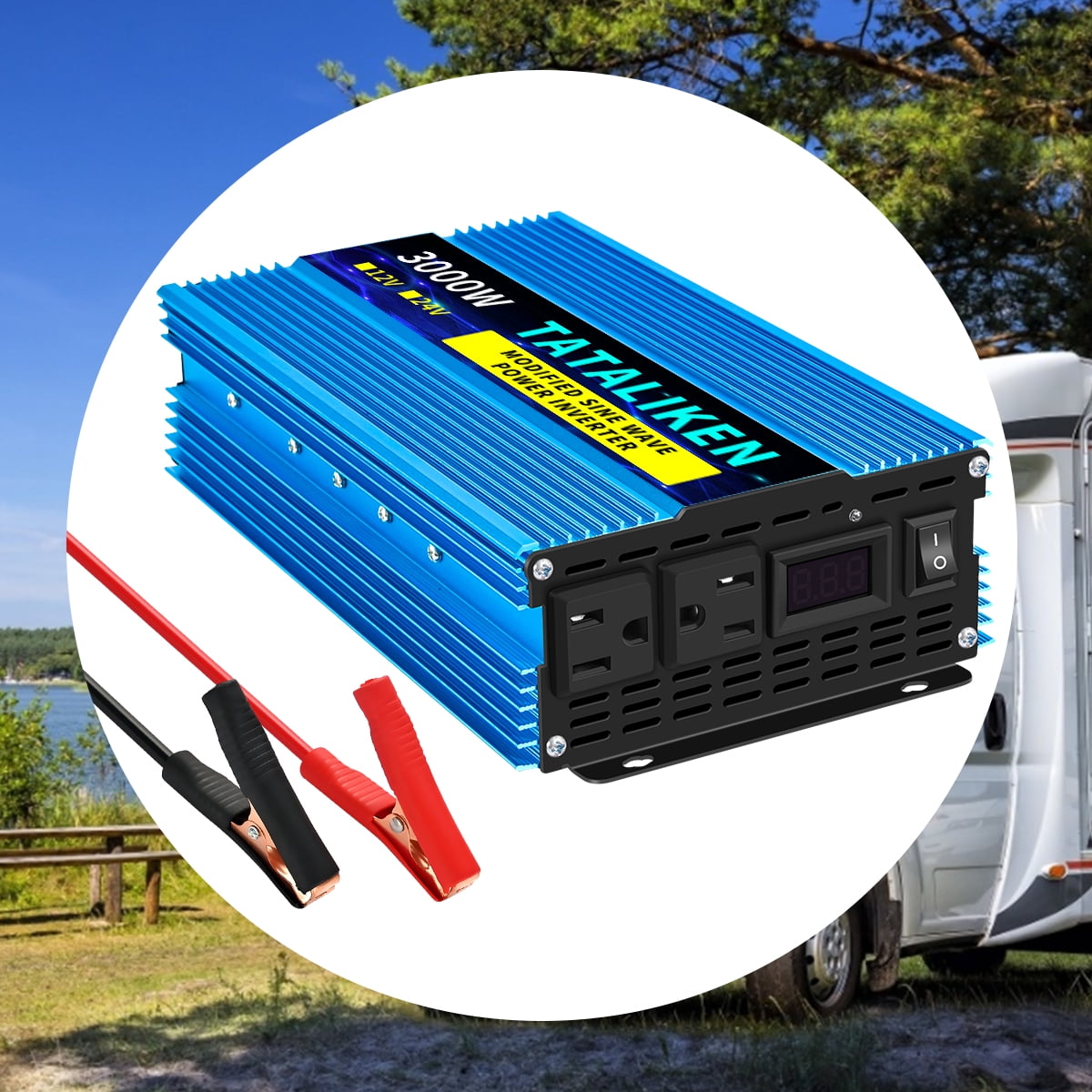 TATALIKEN 3000W（Rating power 1200 W）Power Inverter DC 12V to AC 110V/120V Car Inverter with Battery Clamp Cable 2 AC Outlets for Power Tools Home Vehicles RV Truck, LCD Display Blue