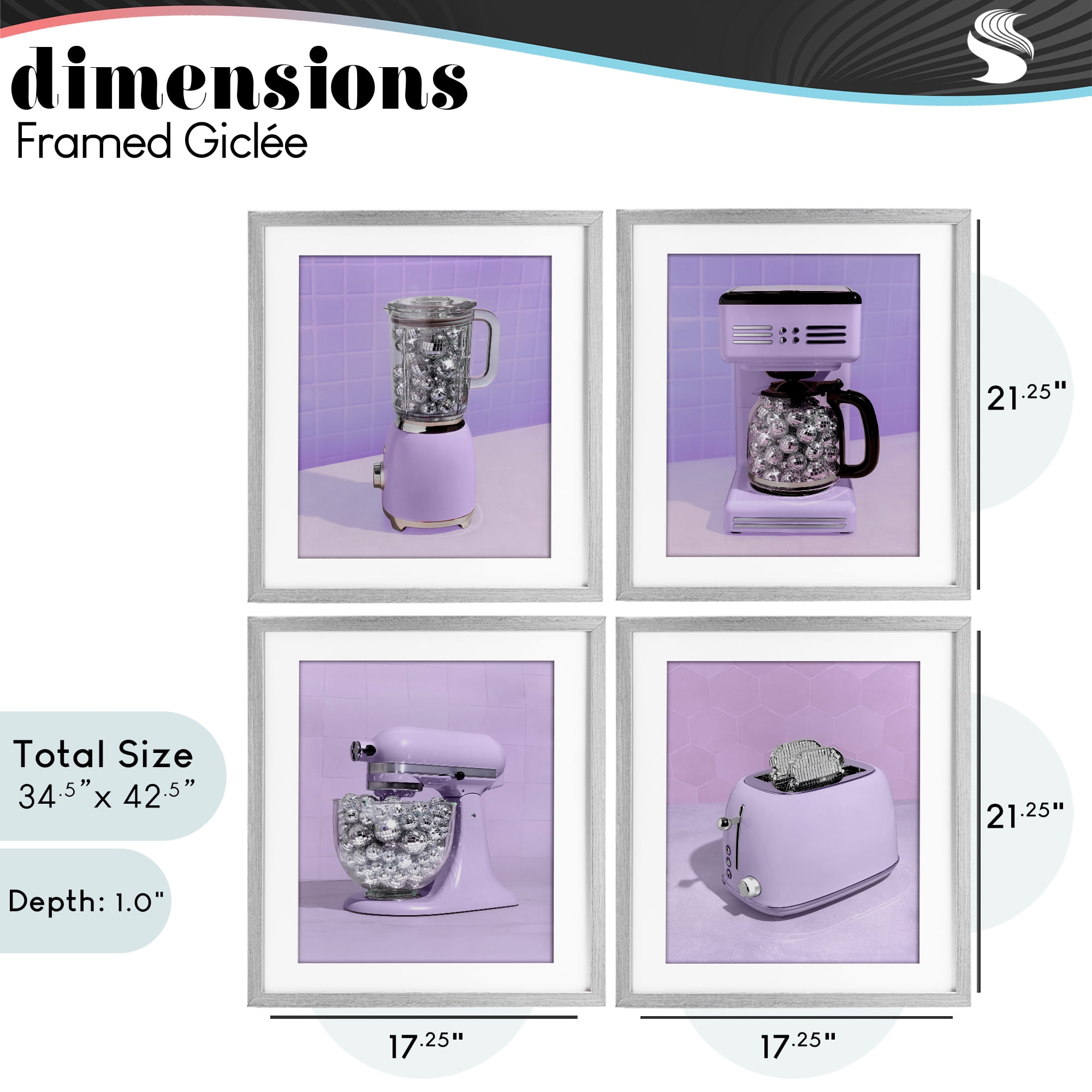 Stupell Industries Disco Kitchen Utensils in Purple 4 Piece Gray Framed Print Under Glass Set, design by LISH Creative