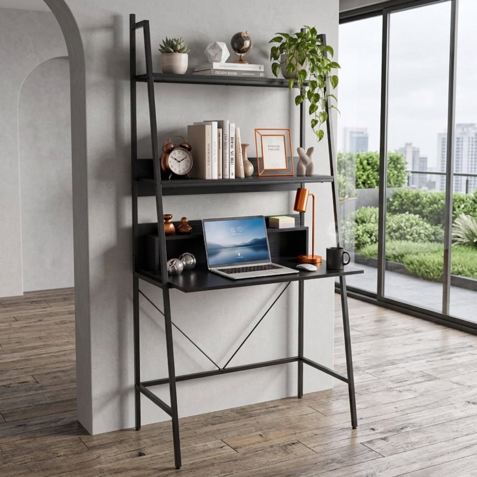 Furnibear 71 Inch Tall Freestanding Laptop Desk with Open Shelves and Metal Frame for Living Room Bedroom and Study, Black