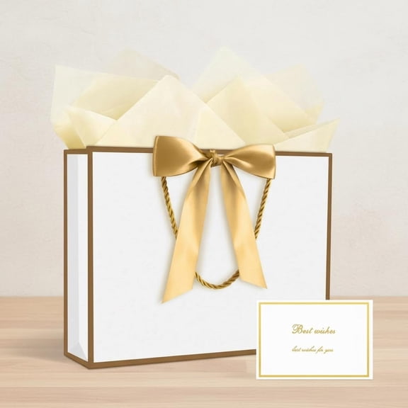 Gift Bag with Ribbon and Greeting Card, Tissue Papers, Paper Gift Bags with Handles, Elegant Present Bags for Valentines Day Wedding Engagement Party Supplies (White-Gold)