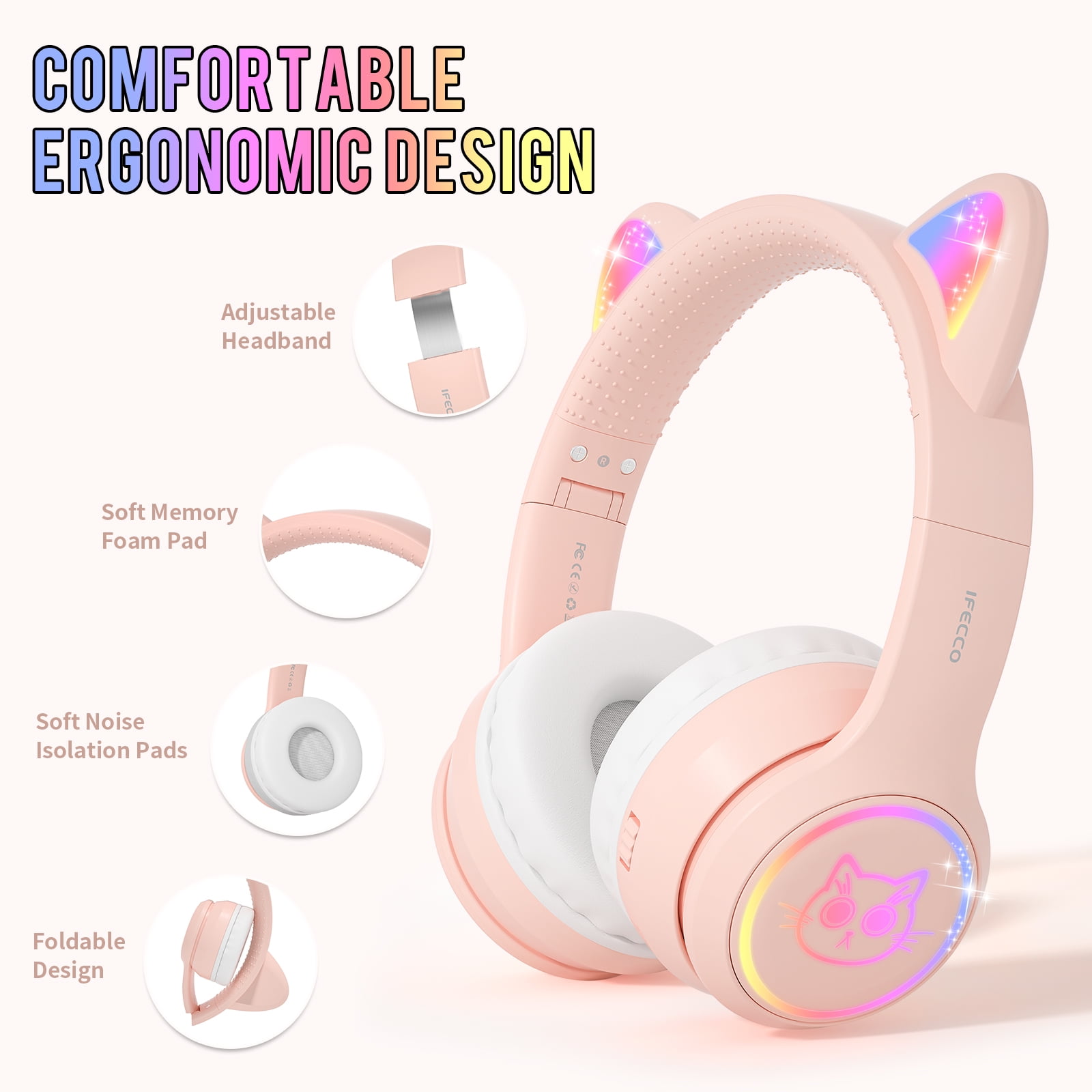 IFECCO Kids Bluetooth Headphones,Wireless Headphones for Kids,Volume Limited,30 Hours Playtime,Over-Ear Toddler Headsets with Built-in Mic-Pink