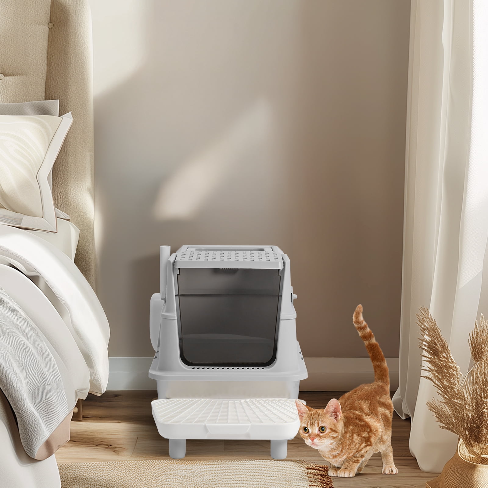 Ktaxon Enclosed Cat Litter Box - Stainless Steel Large (60x40x46cm) with Scoop & Mat, Odor Control, Grey