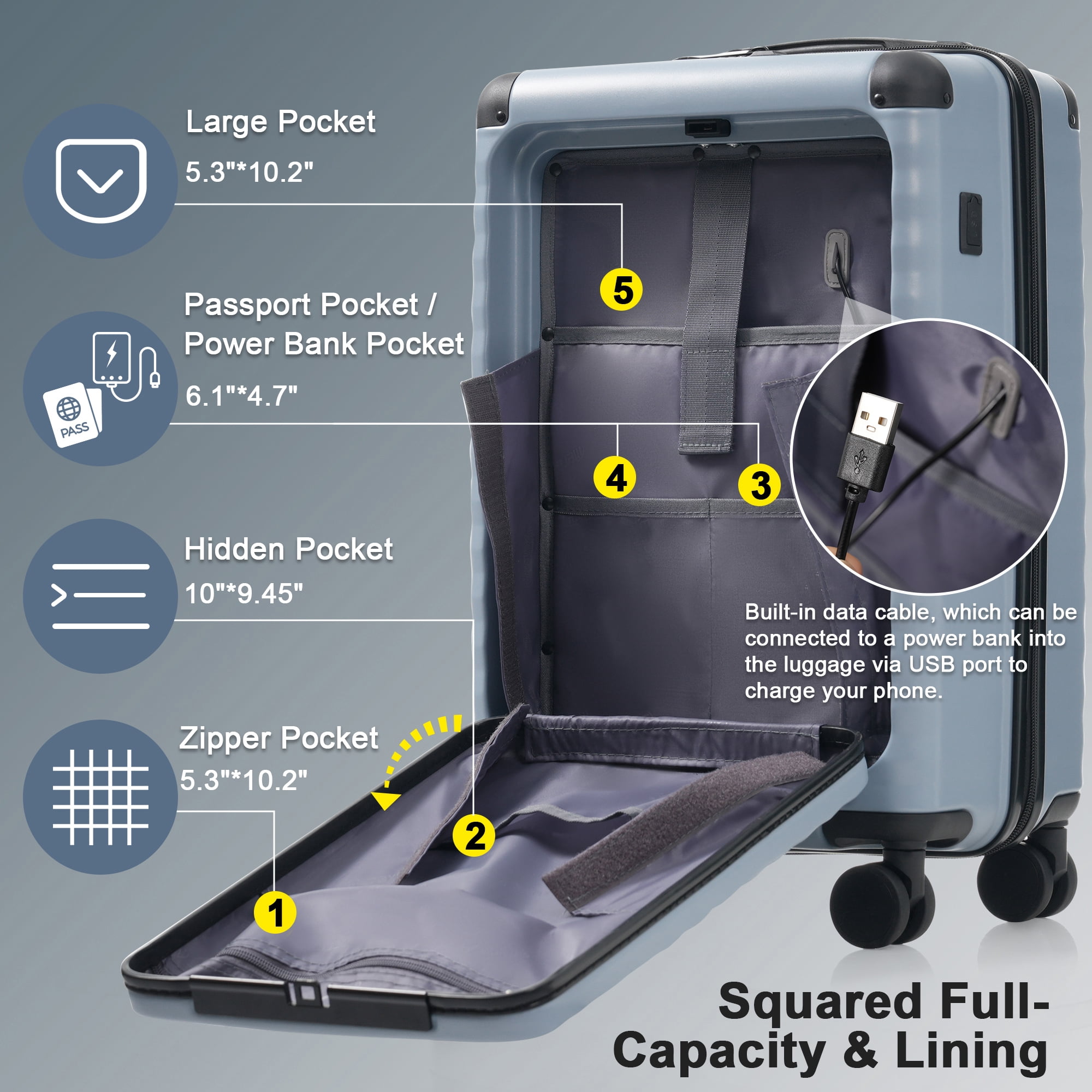 Luggage Sets 5 Piece with Front Opening , Hardside Expandable Carry on Suitcase with Spinner Wheels TSA Lock USB Port Cup Holder Duffel Bag and Toiletry Bag