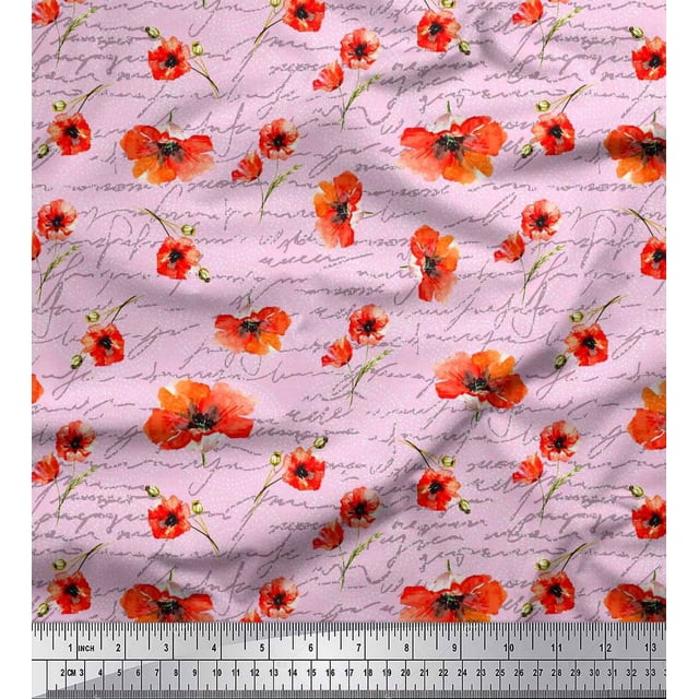 Soimoi Pink Silk Fabric Text & Poppy Floral Print Sewing Fabric Yard 42 Inch Wide