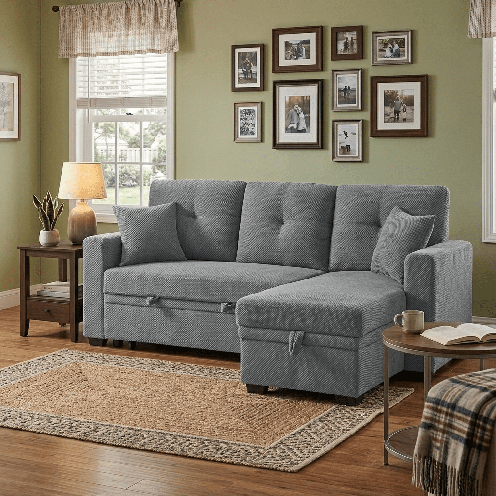 Howcool Sectional Sleeper Sofa with Pull-Out Bed,Reversible Storage Chaise,L-Shaped Convertible Couch for Small Living Room,Light Gray,Coffee Bean