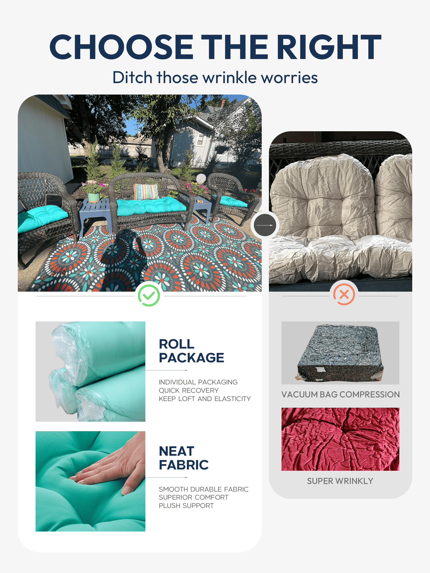 ZEOLABS Outdoor Wicker Chair Cushions of 3 Pieces Waterproof Tufted Seat Cushions set for Patio Furniture Sofa Bench Settee Couch, 1 Loveseat and 2 U-Shaped Cushions, Aqua Blue