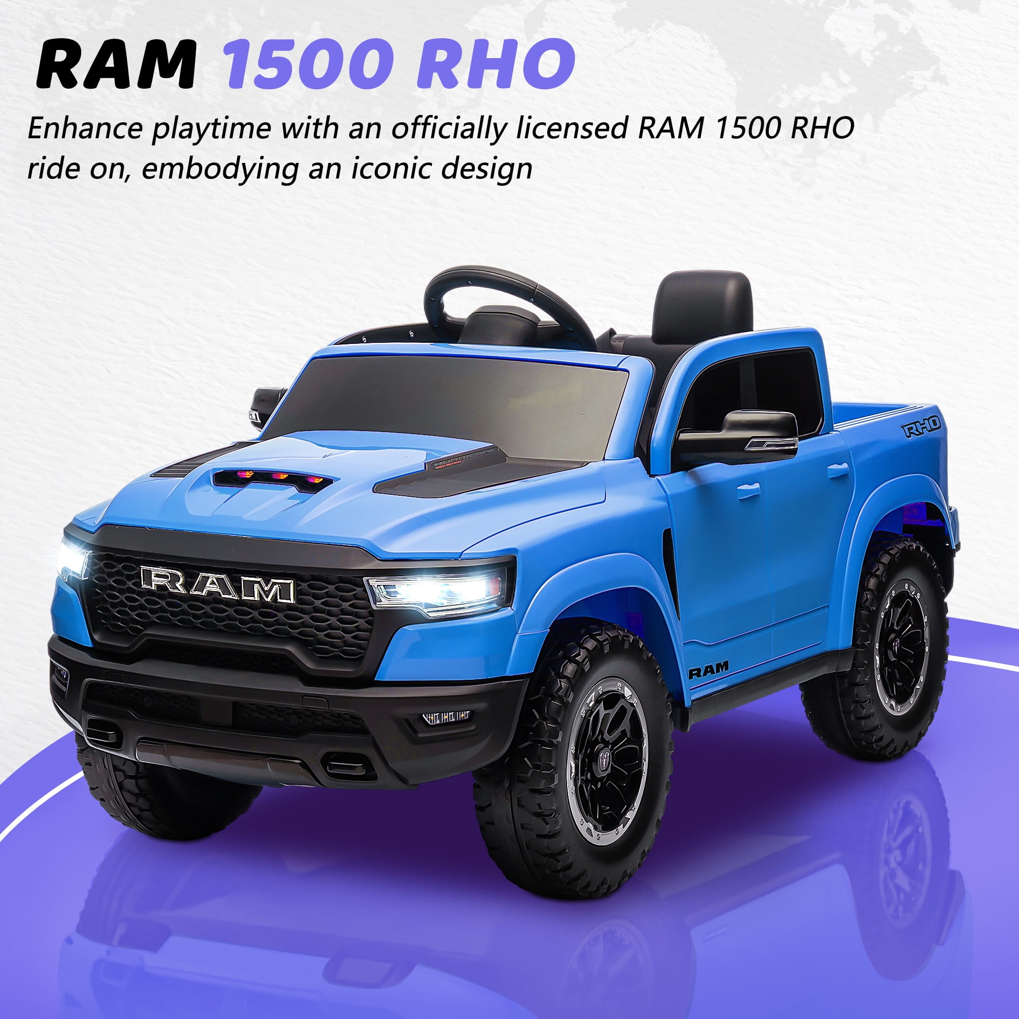 RAM 1500 Ride on Car Toy for Kids, 12V Powered Ride on Truck Toy with Remote Control, 4 Wheel Suspension, Safety Belt, Music, Bluetooth, LED Lights, Electric Cars for 3-5 Yrs Boy Girl, Blue