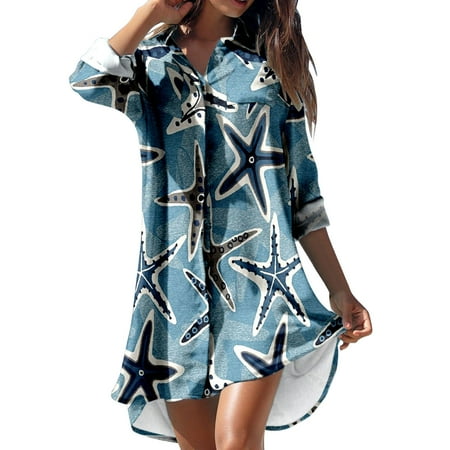 

Patlollav Summer Dresses Womens Shirt Dresses Summer Turn-Down Collar Long Sleeve Print with Pocket