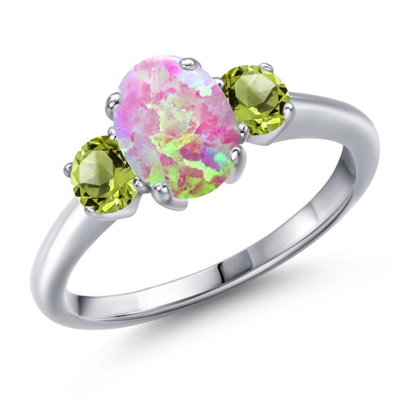 Gem Stone King 1.65 Ct Oval Cabochon Pink Simulated Opal Green Peridot 925 Sterling Silver Ring (Size 6)