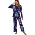 thumbnail image 4 of Pyjama à Manches Longues pour Femmes Col Rond Doux, Fleurs Bleu Marine, 4 of 5