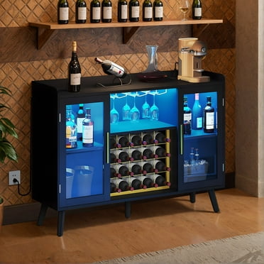 ModFusion 53" Wine Cabinet with Power Outlets, Buffet Sideboard Cabinet with LED Light and Wine Rack, Black