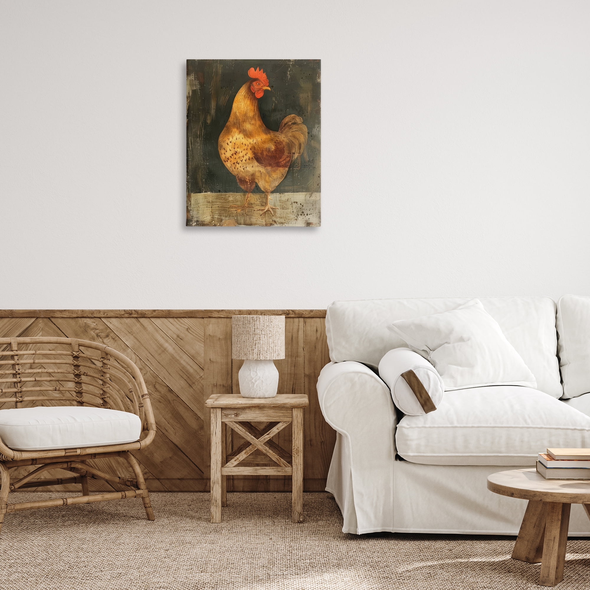 Stupell Industries Chicken on Rustic Background Animals Painting Wrapped Canvas Art Print Wall Art, 24 x 30