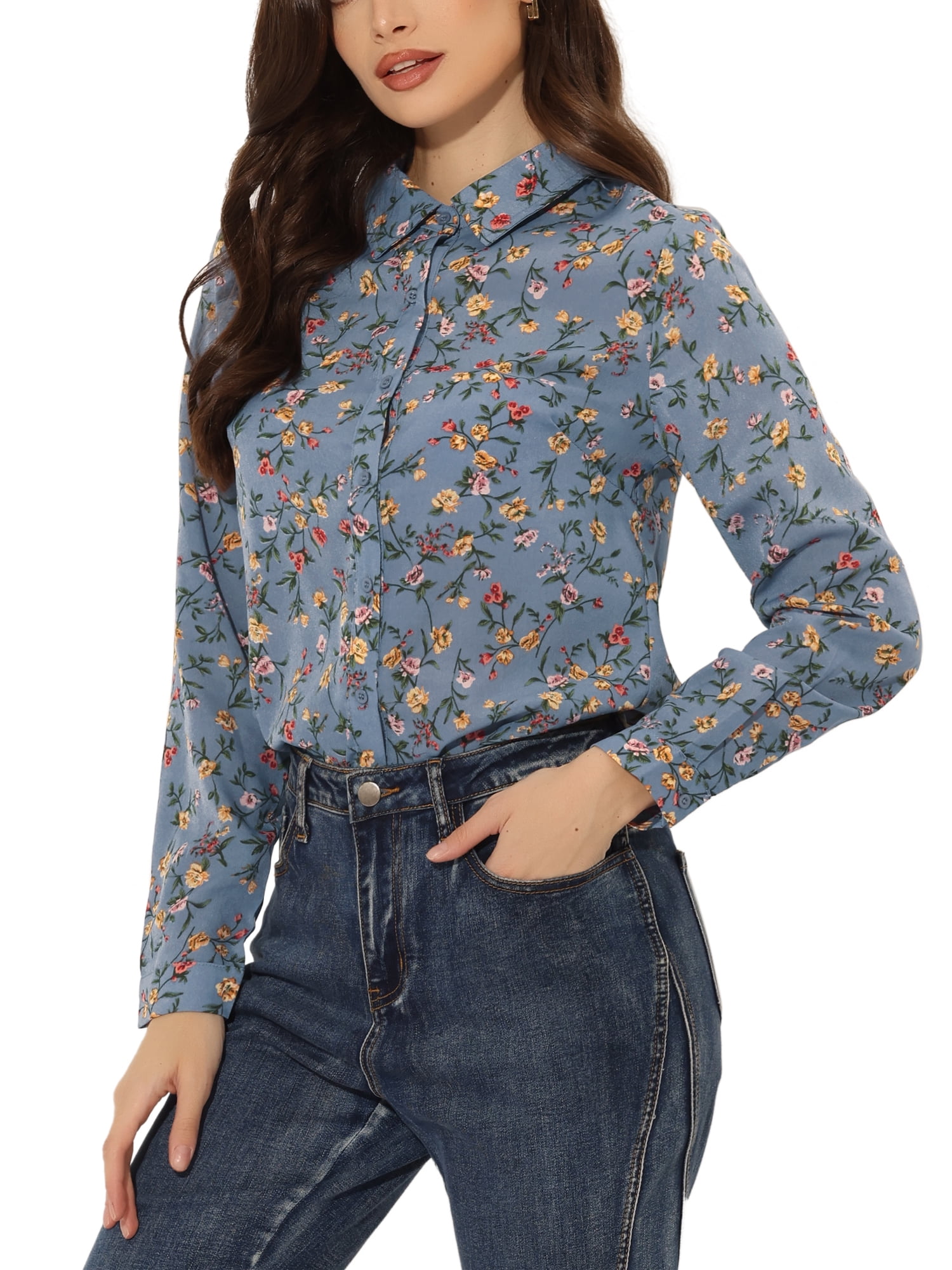 Unique Bargains Women's Long Sleeve Button-Down Ditsy Floral Shirt Top XL Gray Blue