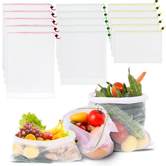 Reusable Mesh Produce Bags 15-Pack - Washable, See-Through, Odorless, Eco-Friendly