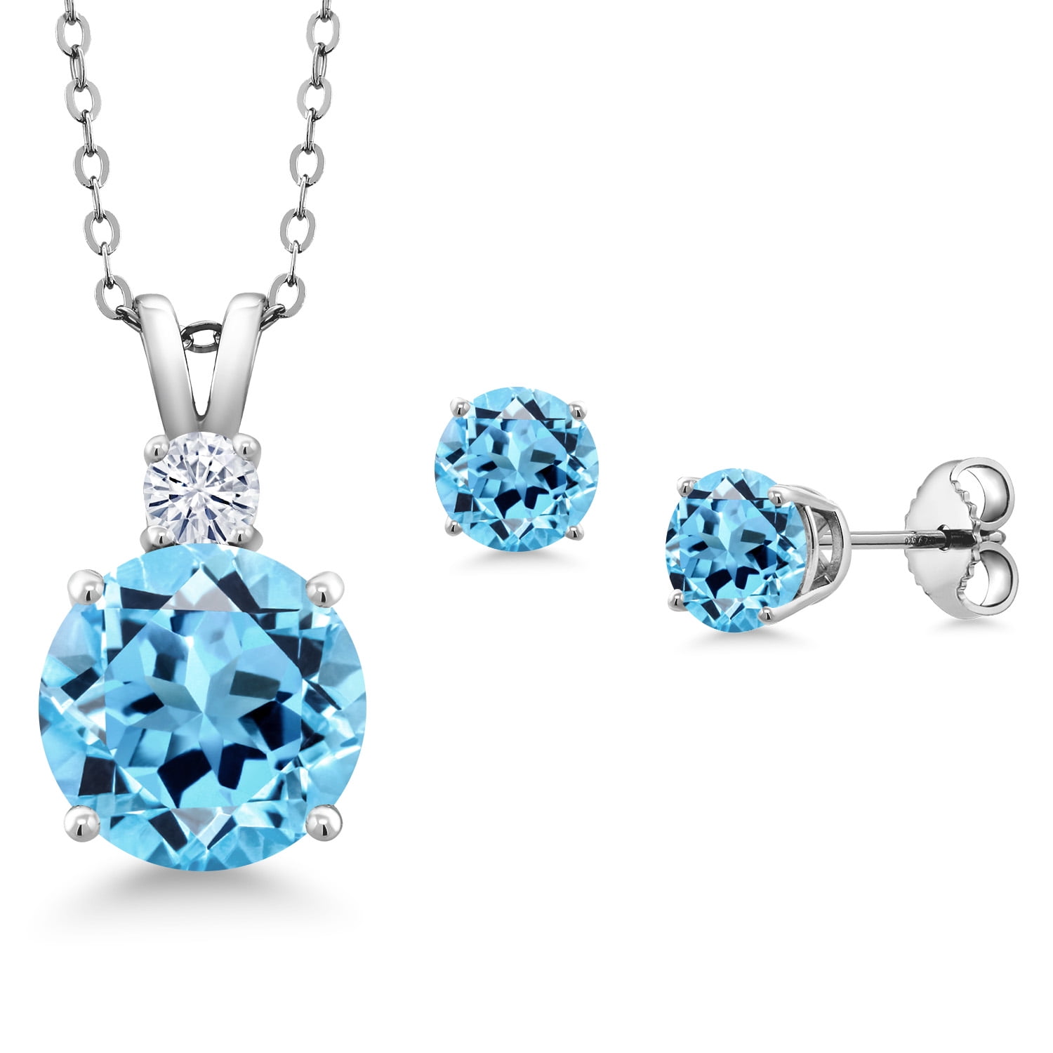 Gem Stone King 925 Sterling Silver Round Swiss Blue Topaz and White Moissanite Pendant and Earrings Jewelry Set for Women (6.02 Cttw, Gemstone Birthstone, with 18 inch Chain)