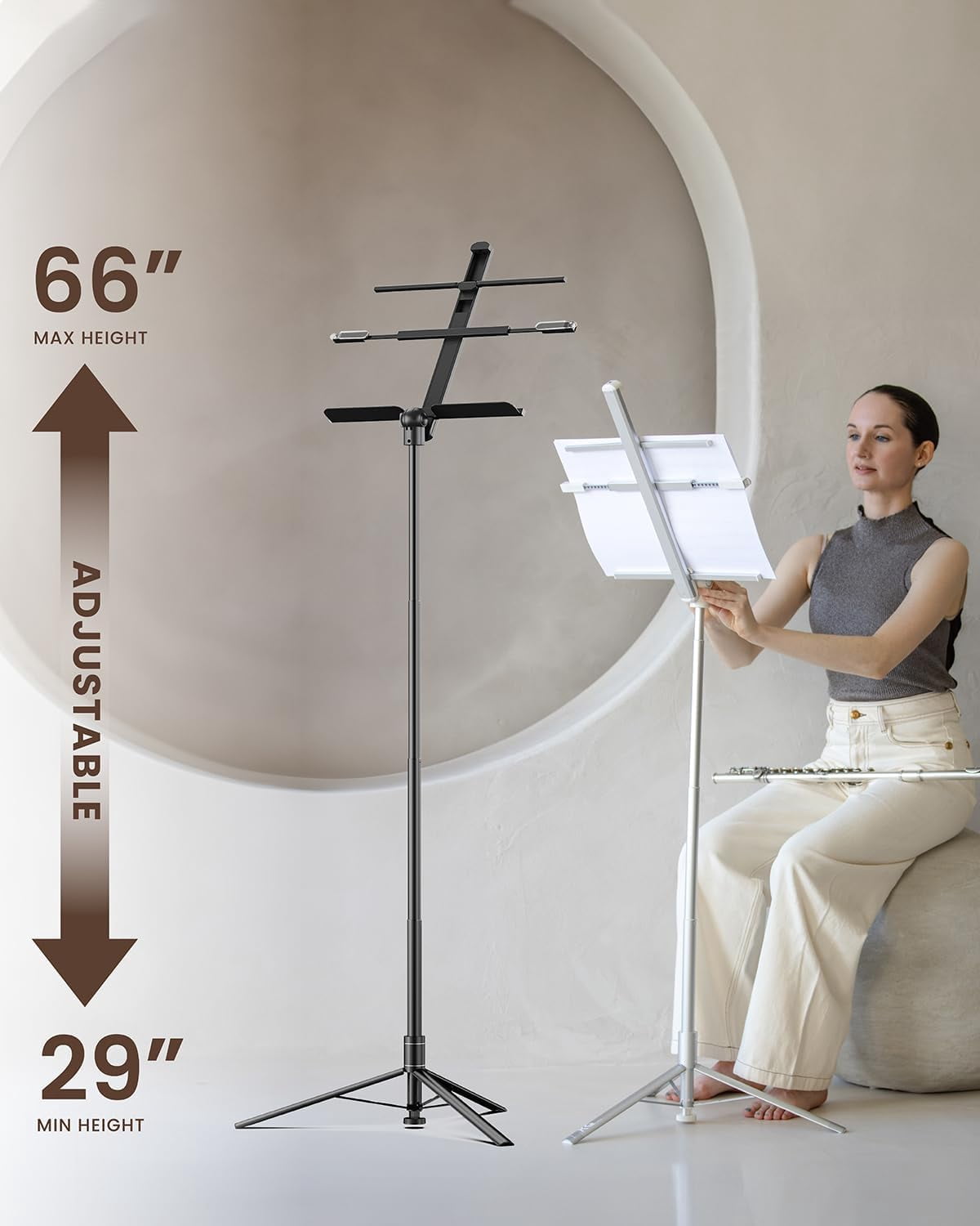 KraftGeek 66" Capsule Music Stand, Portable and Folding Music Stand with Adjustable Music Tray,White